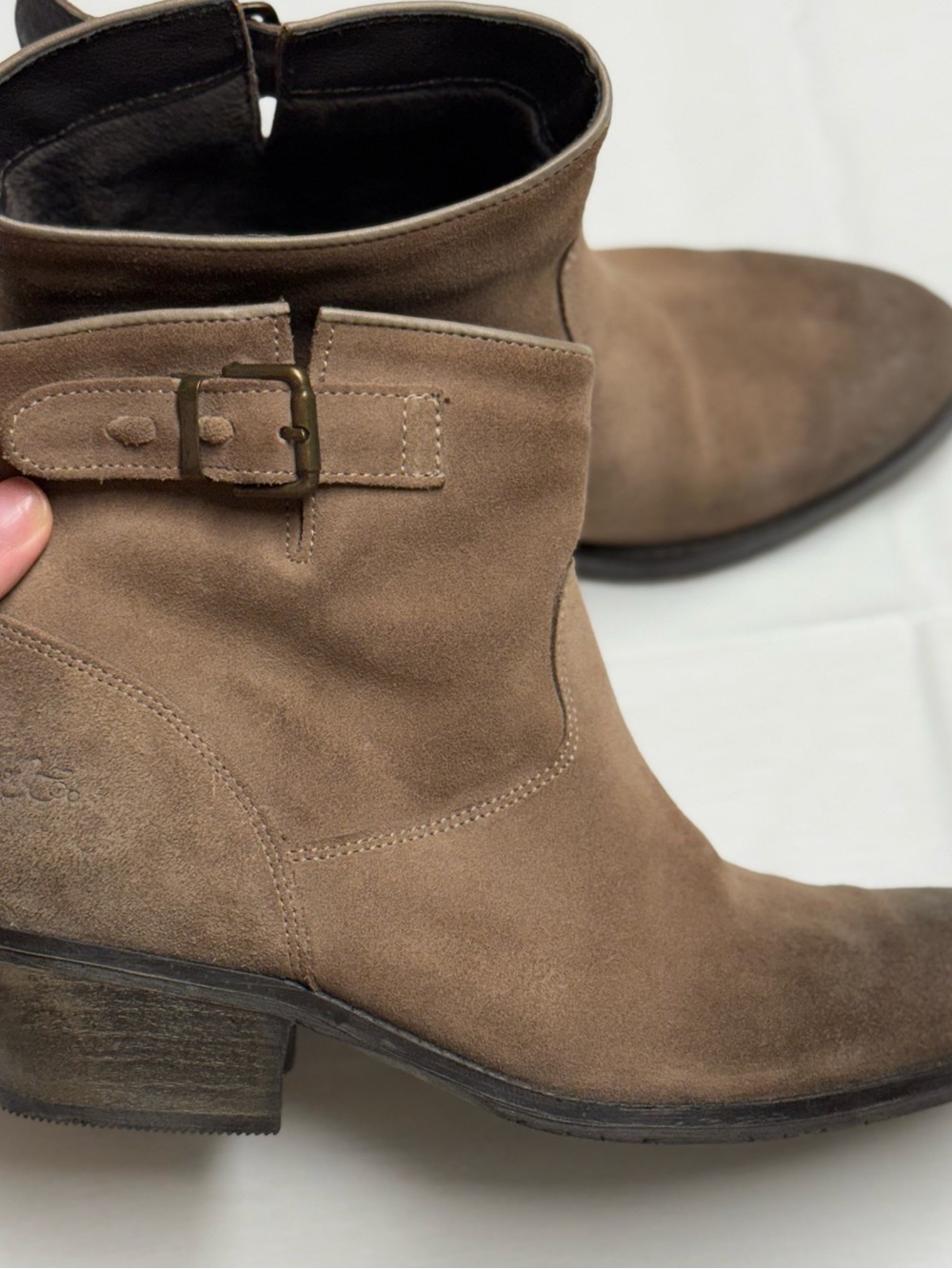 Bos. & Co. Taupe Suede Ankle Booties with Buckle Accent